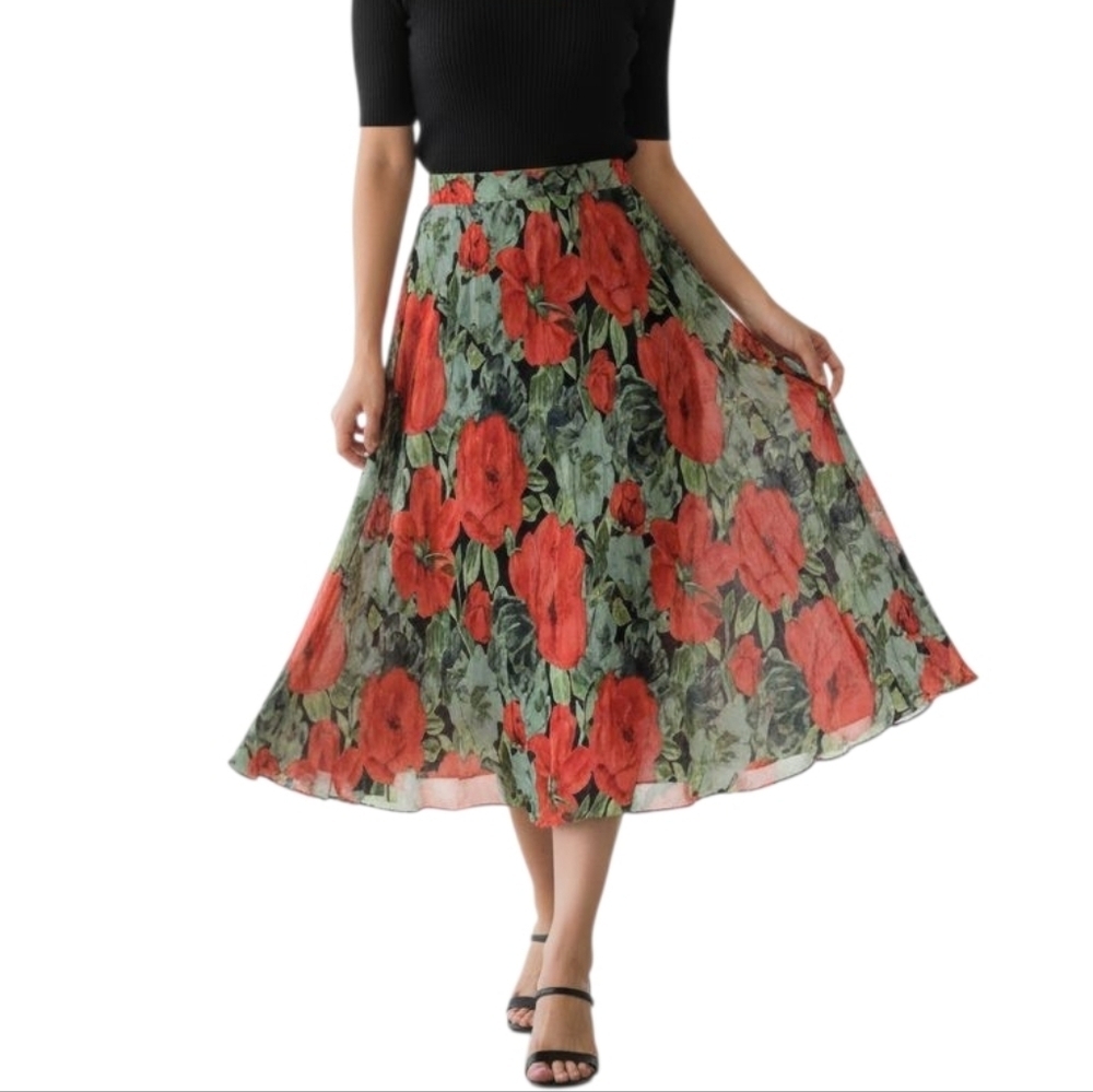 Vintage Floral Red and Reversible Green Women's Midi Skirt | Sz Large